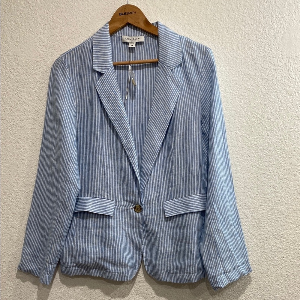 NWT Amour Vert Women's Tobie Linen Nautical Yacht Blue Striped Casual Blazer XS